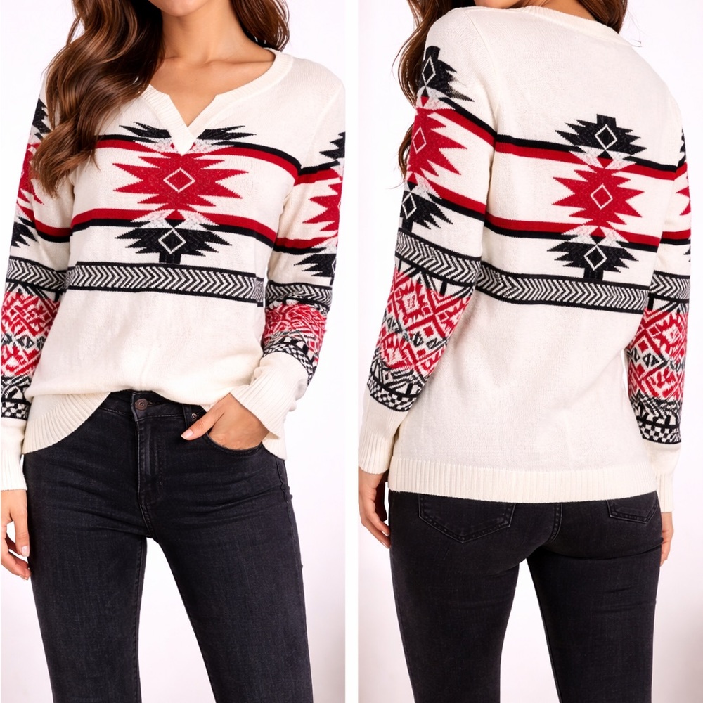 WCozy Aztec-Pattern V-Notch Sweater - Ivory & Red
